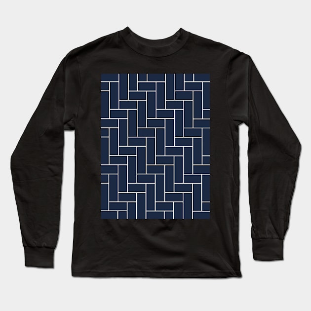 Geometric Tiles in Dark Navy Blue and White Outline Long Sleeve T-Shirt by OneThreeSix